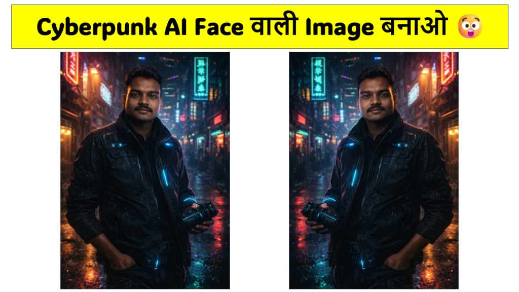 Cyberpunk cinematic portrait with neon lights generated using ChatGPT AI with exact reference face