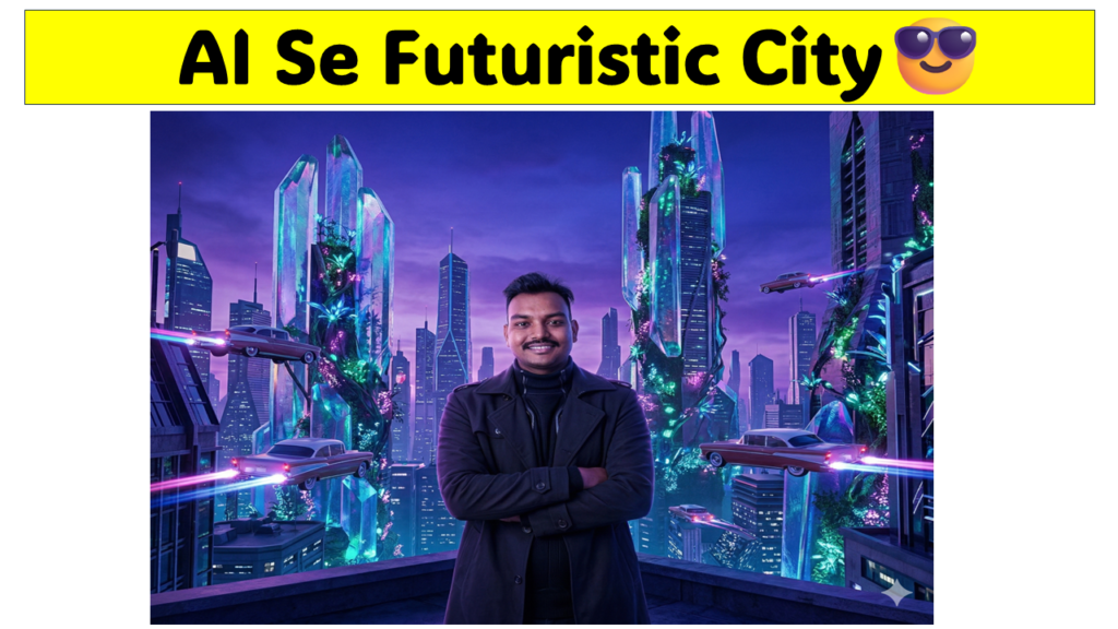 Cyberpunk futuristic jungle city with glowing plants and crystal skyscrapers generated using Gemini AI prompt