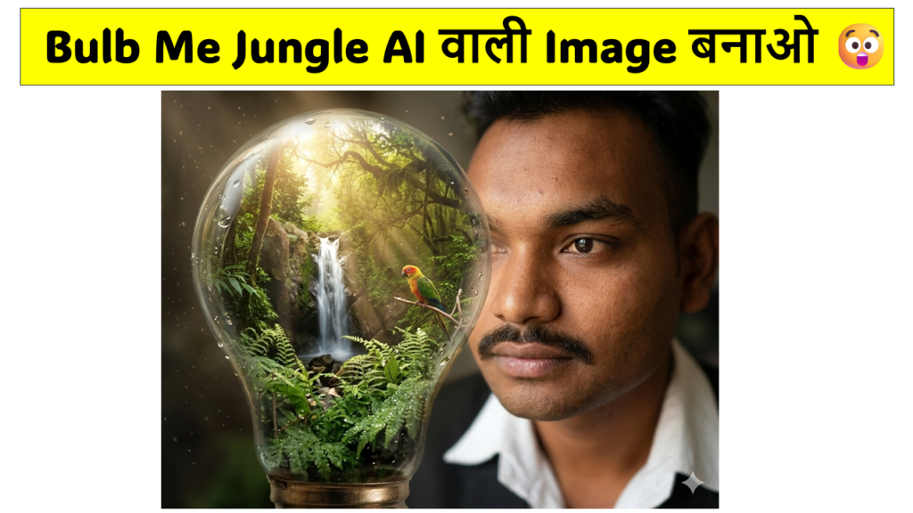 Hyper realistic miniature rainforest inside a glass lightbulb with waterfall and colorful parrot generated using Gemini AI